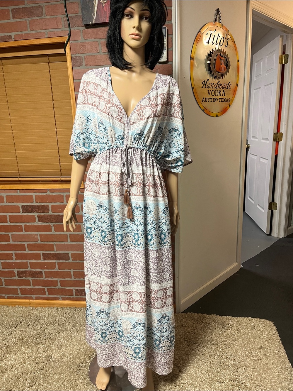 Bohemian Maxi Dress in Blue and Cream — V-Neck Elastic Waist